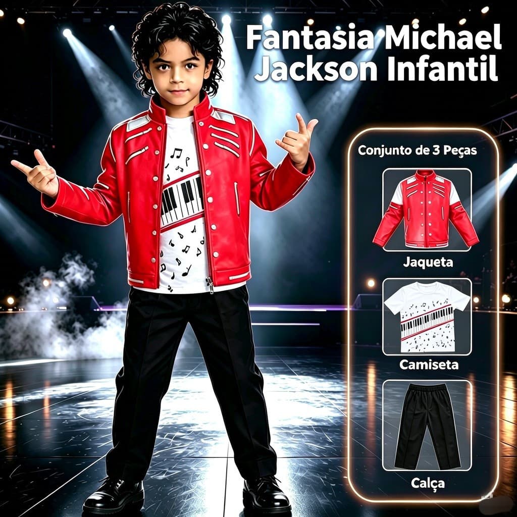 Fantasia Michael Jackson Infantil Halloween Conjunto de 3 Peças Vermelho Traje para Dança e Apresentação de Palco
