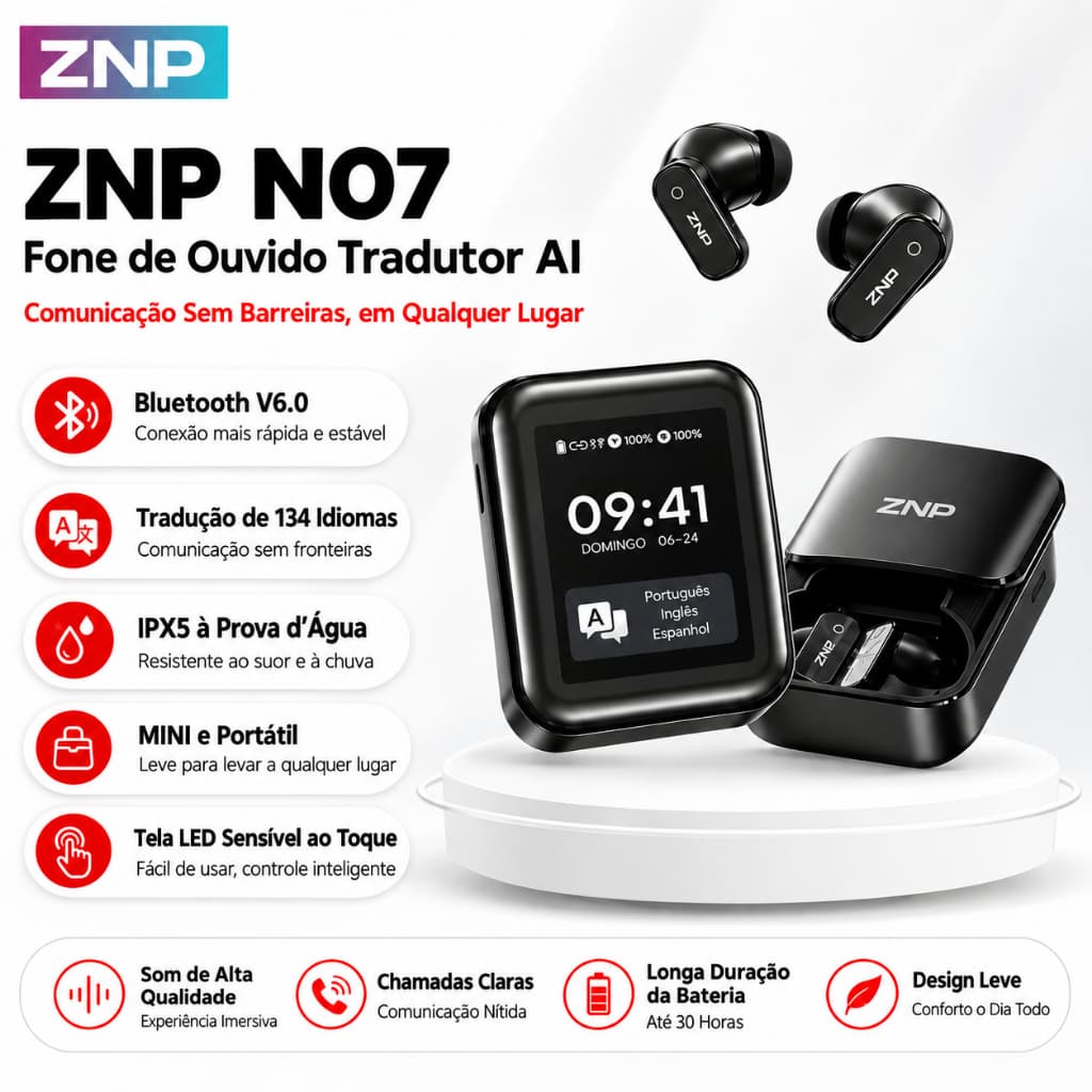 ZNP N07 Bluetooth AI Tradução Headset Suporte ANC Cancelamento ativo de ruído e tradução em tempo Real TWS Fone de ouvid