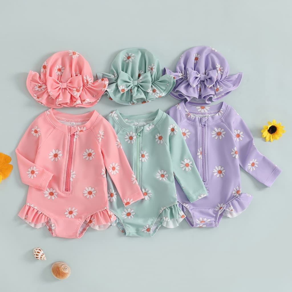 Starshop-Maiô Para Bebês Meninas Manga Comprida Estampa Floral Biquíni Com Zíper E Chapéu Roupa De Banho Recém-Nascidos