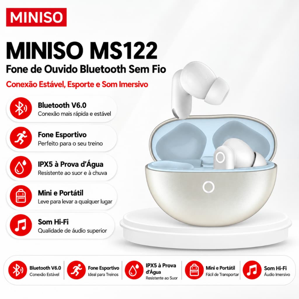 MINISO MS122 sem fio Bluetooth 6.0 TWS fone de ouvido 3.7g Ultra-leve In-Ear ENC cancelamento de ruído fone de ouvido pa