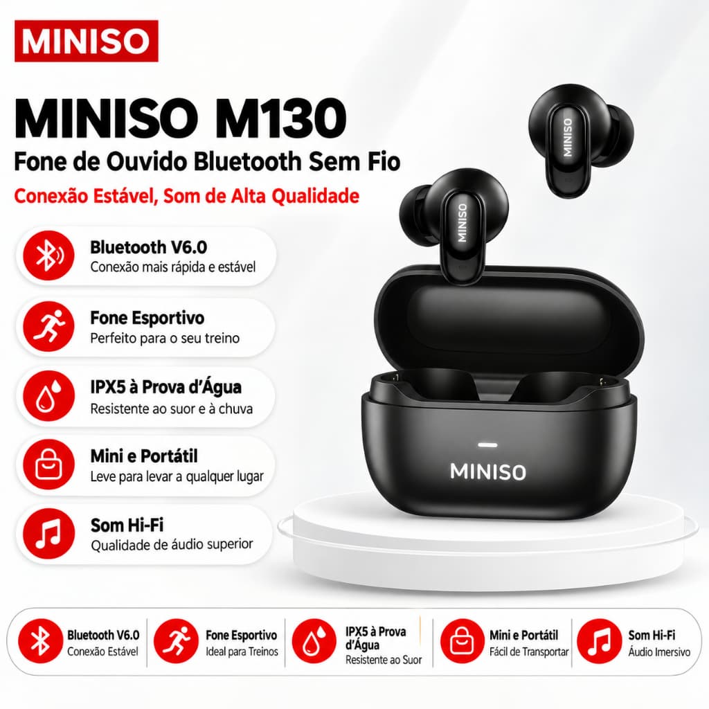 MINISO MS130 Fone de ouvido intra-auricular Bluetooth 6.0 sem fio com qualidade de som HiFi, suporte para chamadas de al