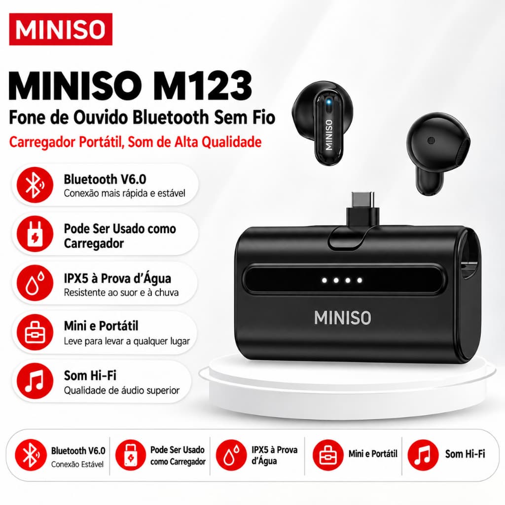 MINISO MS123 Mini banco de potência suporte para fone de ouvido Bluetooth V6.0 sem fio com cancelamento de ruído ENC