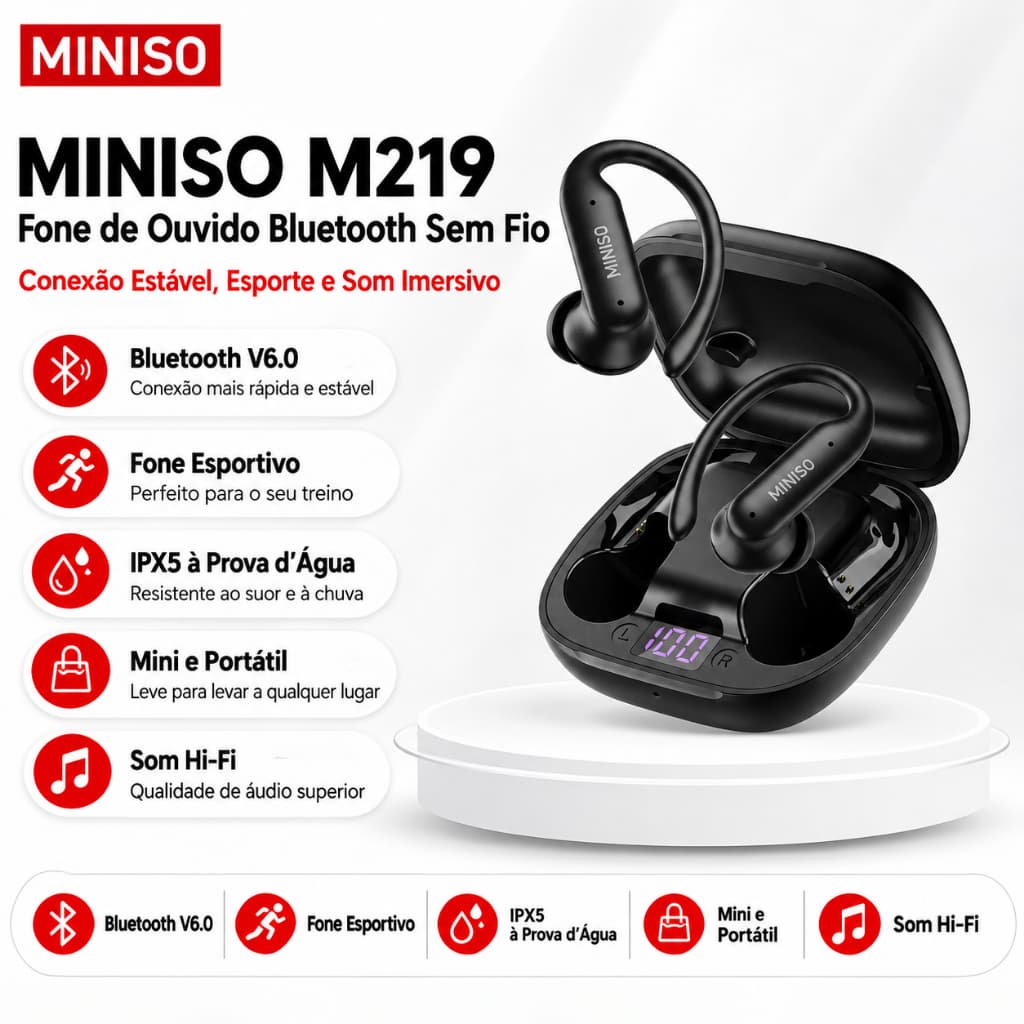 MINISO MS219 OWS Bluetooth 6.0 Fone de ouvido esportivo Hi-Fi estéreo sem fio com função de redução de ruído