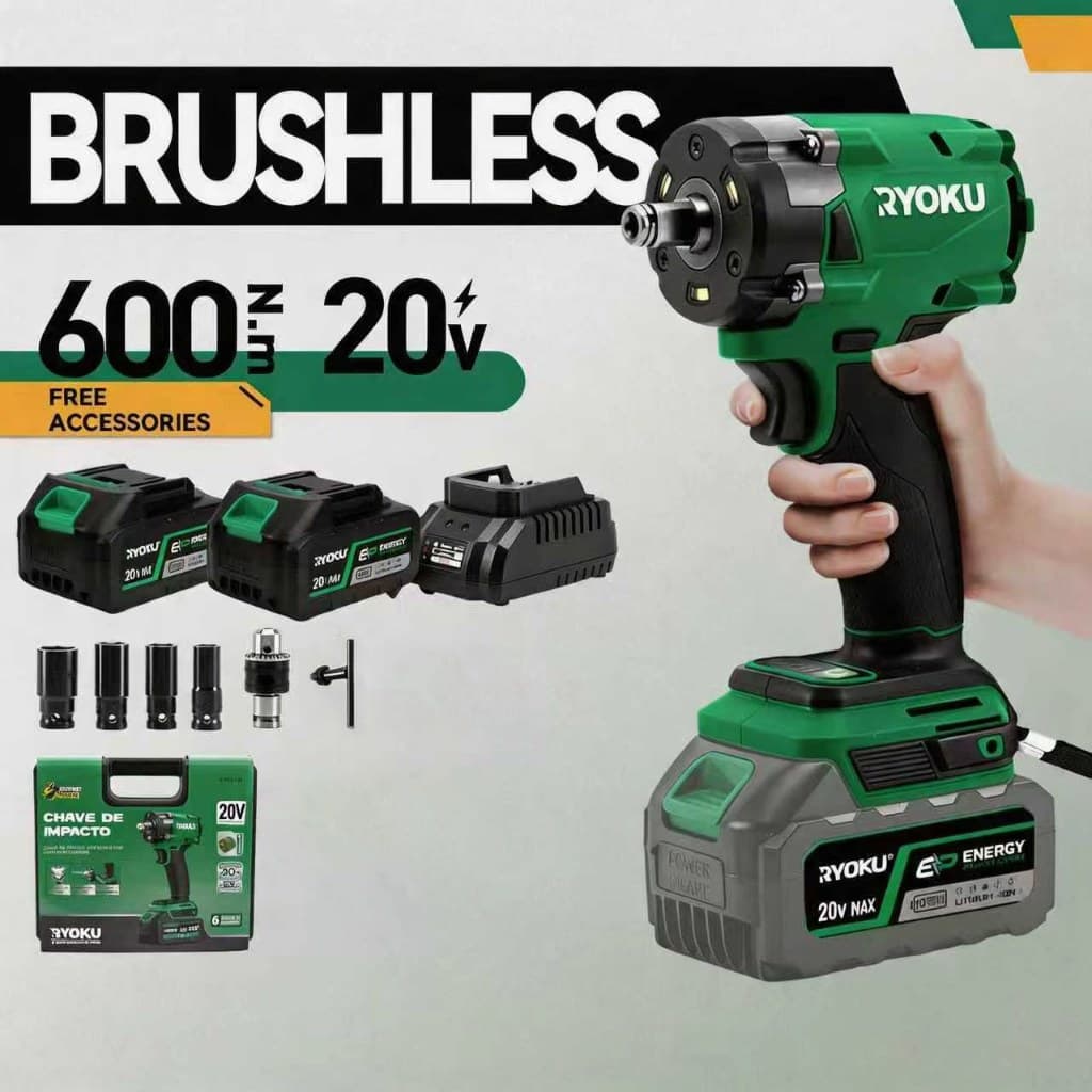 Chave De Impacto Sem Escova RYOKU Original Fio 1/2 E 1/4-Torque Máximo De 600N.M