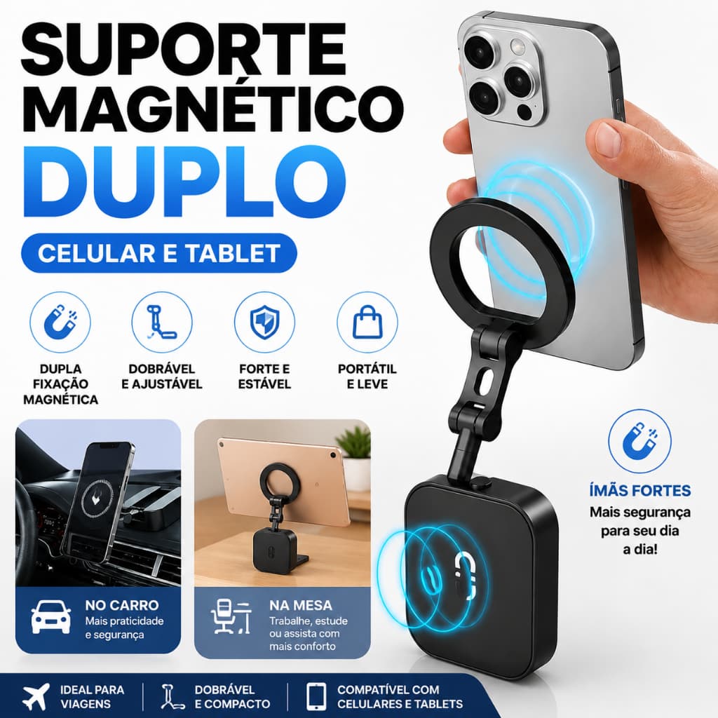Suporte Magnético Duplo para Celular e Tablet Dobrável Portátil Suporte de Mesa e Carro para Viagem