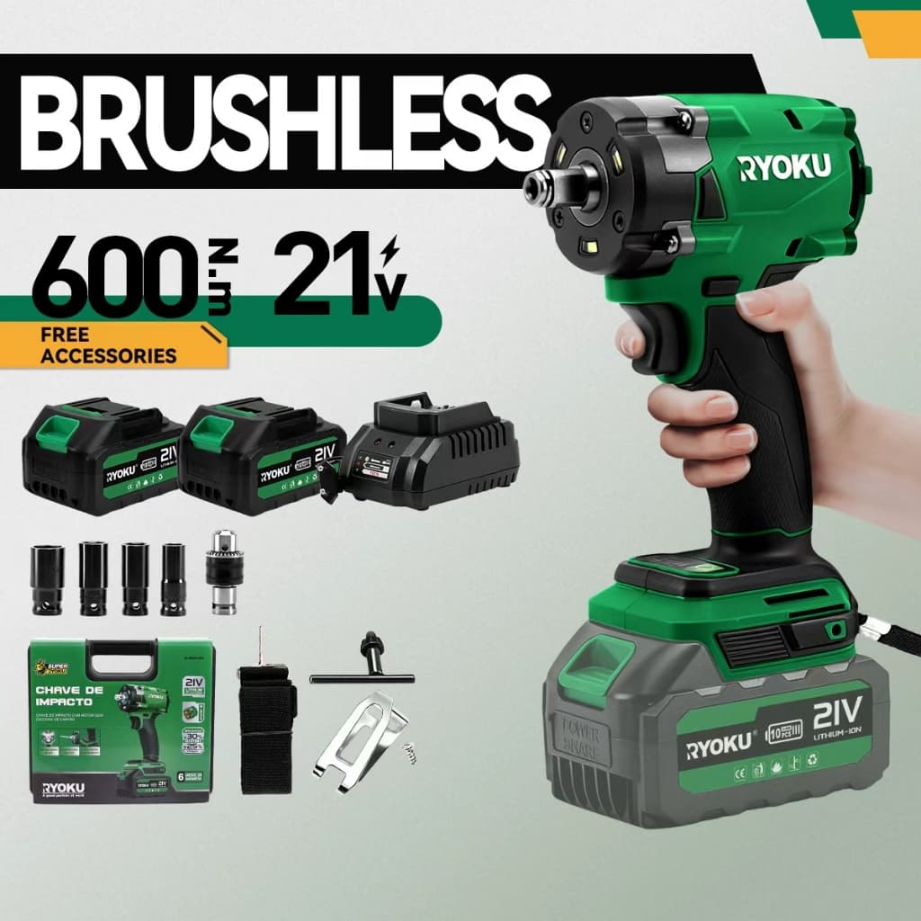 Chave De Impacto Sem Escova RYOKU 600N.M – Ferramenta Fio 1/2 + 1/4