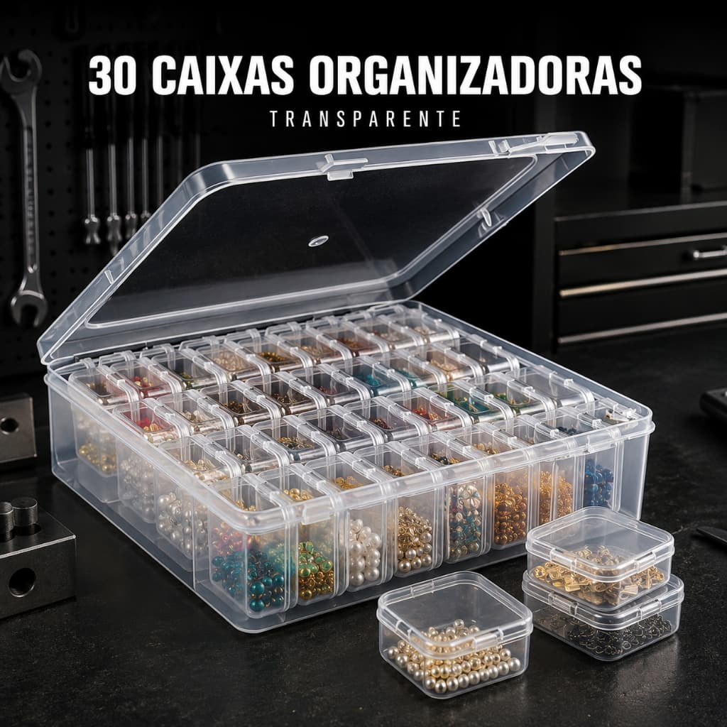 Caixa Organizadora com 30 potinhos. Organizador para acessórios, miçangas e itens em geral