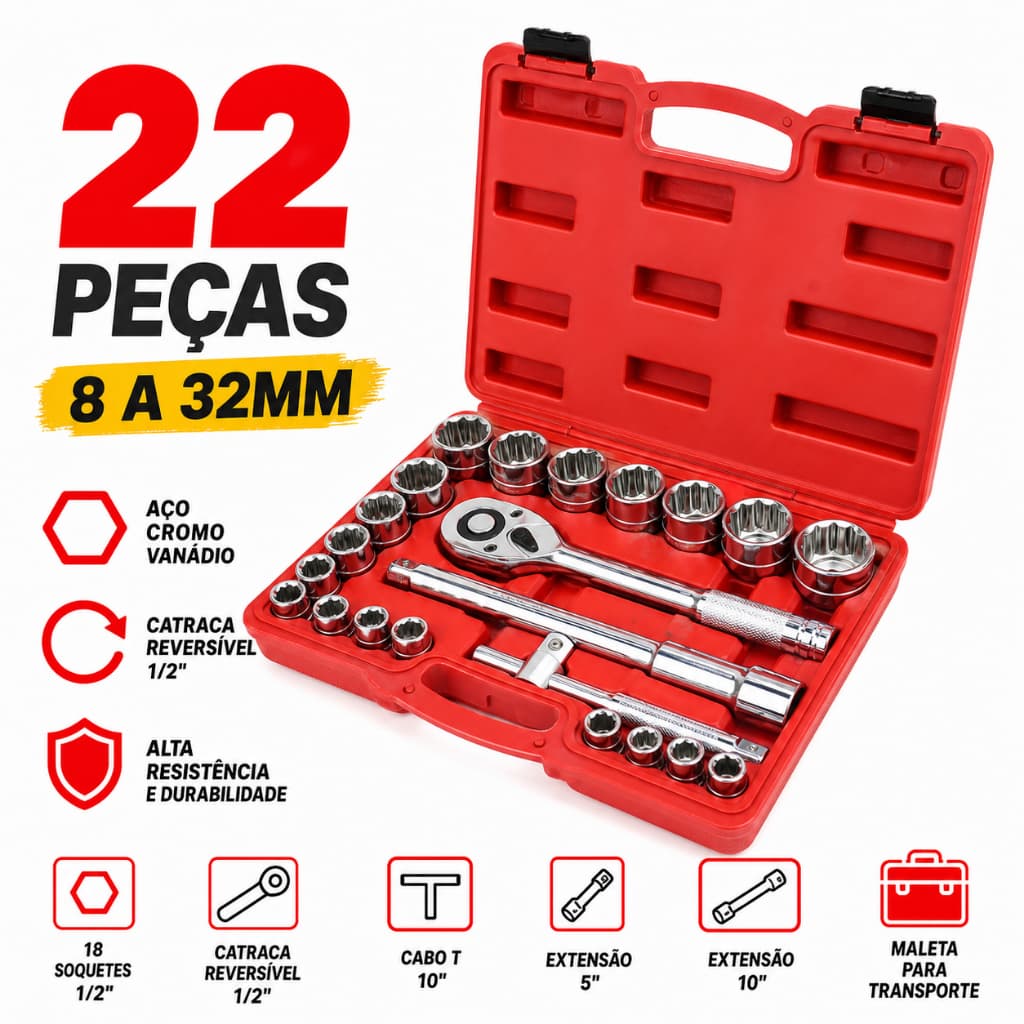 Conjunto de ferramentas de soquete de chave de flor de 22 peças com chave de catraca reversível, forte e durável, adequa