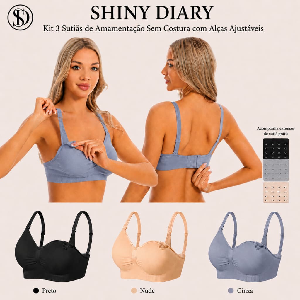 SHINY DIARY Kit 3 Sutiãs de Amamentação Sem Costura com Bojo Removível, Alças Ajustáveis e Extensor de Fecho