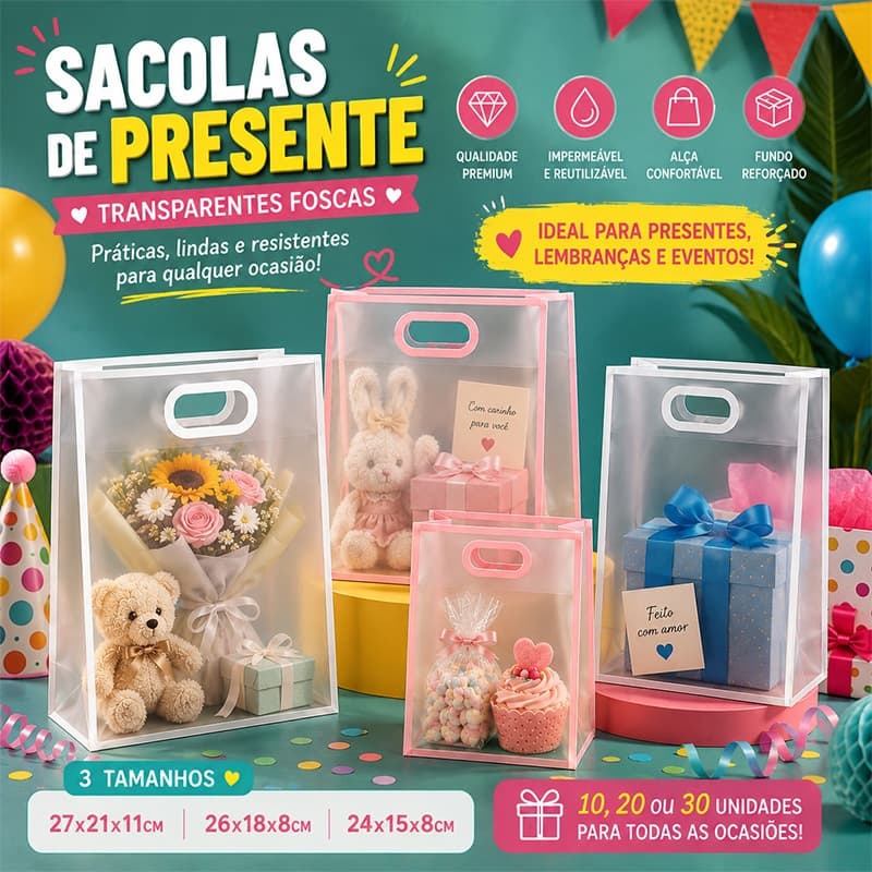 Kit Sacolas Plásticas PP Embalagem Para Presente 10/20/30 Unidades Múltiplos Tamanhos