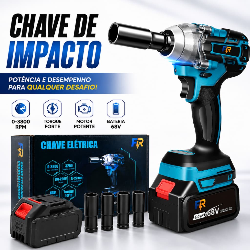 Chave de Impacto Brushless 68V 3‑em‑1, Torque 380Nm, Opção 1 ou 2 Baterias, 4 Soquetes