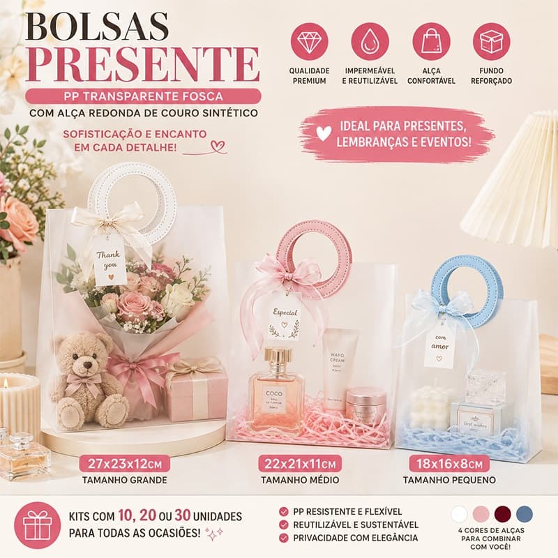 Kit Bolsas de Presente PP Fosca Transparente com Alça Redonda 10/20/30 PCS Verão Praia Piscina Festas