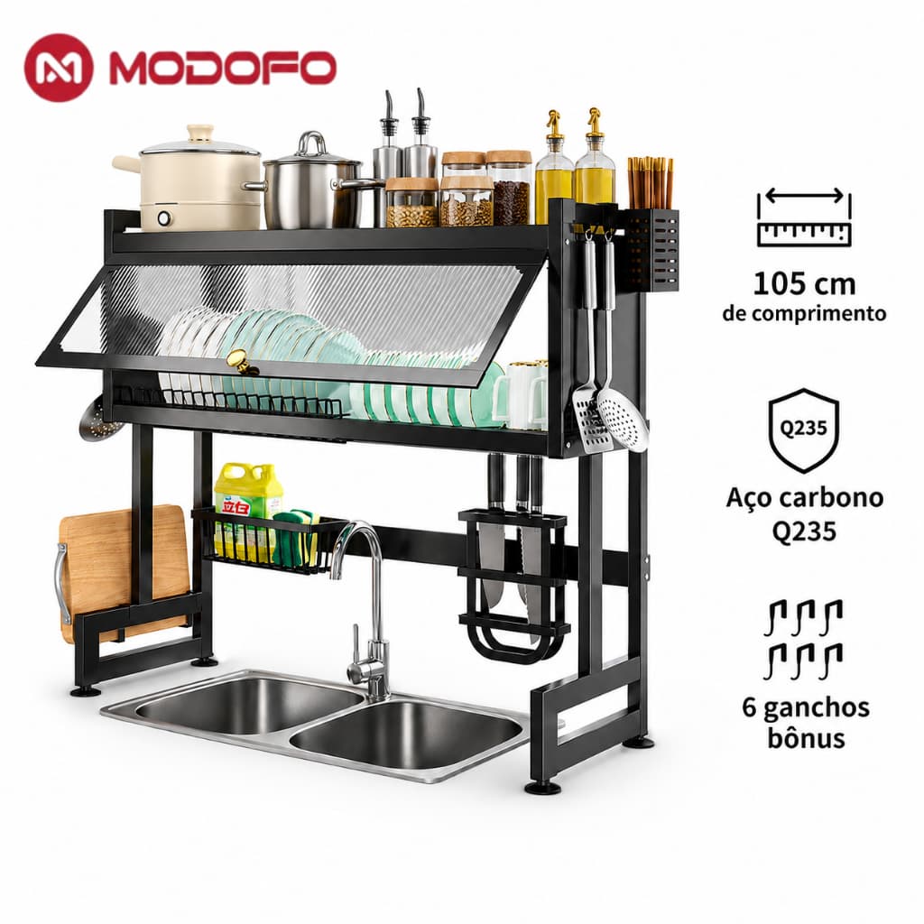 MODOFO 105-65cm Pia de drenagem de azulejo para cozinha Rack de pia suspenso Rack de armazenamento Placa cinza Porta de