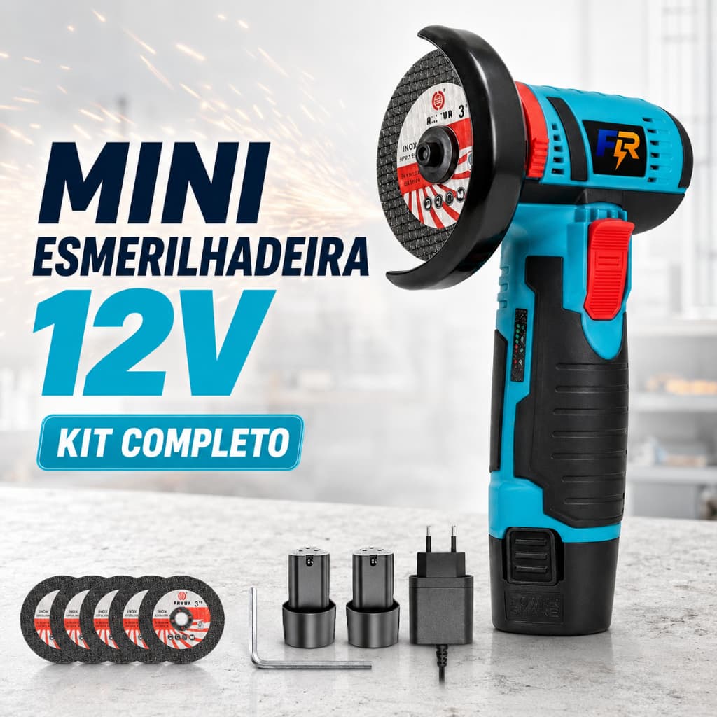 Mini Esmerilhadeira Sem Fio 3 Polegadas 12V, com 2 Baterias e 5 Discos de Corte