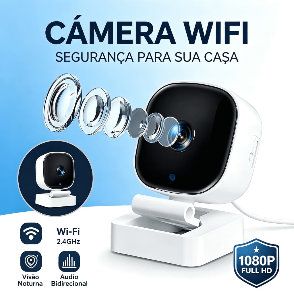 Câmera Babá Eletrônica Wi‑Fi Interna 1080P Full HD Visão Noturna Colorida Áudio Bidirecional Detecção de Movimento