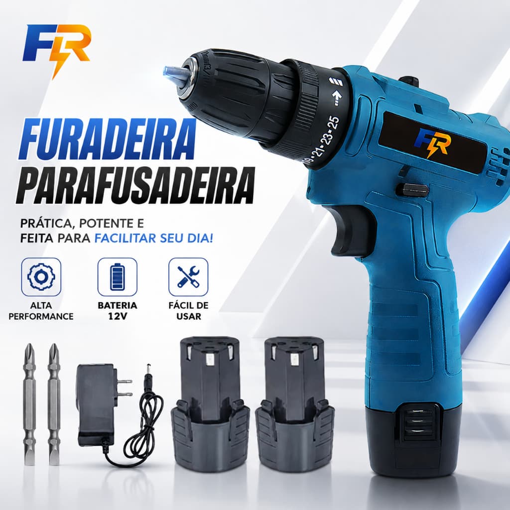 Furadeira Parafusadeira Sem Fio 12V, Mandril 3/8", com Bateria, Carregador e 2 Bits