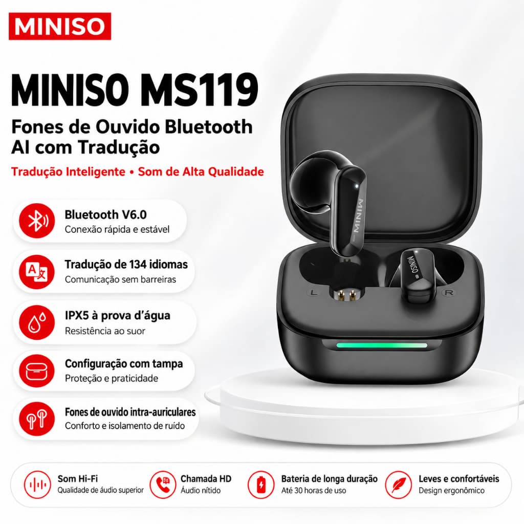 MINISO MS119 TWS Fone de ouvido sem fio Bluetooth HiFi IPX5 à prova d'água 30H Bateria 3D estéreo esportivo