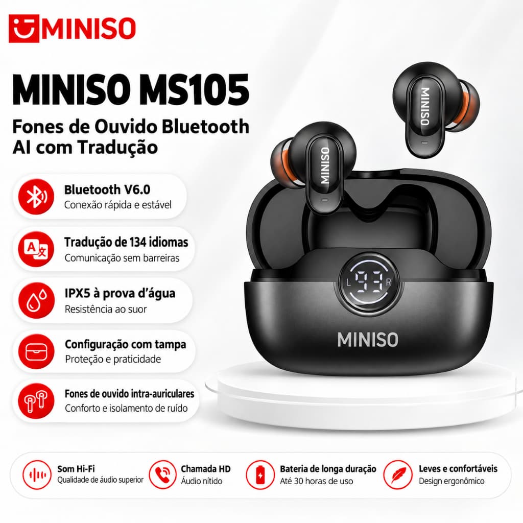 MINISO MS105 Fones de ouvido de tradução de inteligência Artificial Fone de ouvido sem fio Bluetooth 6.0 Fones de ouvido