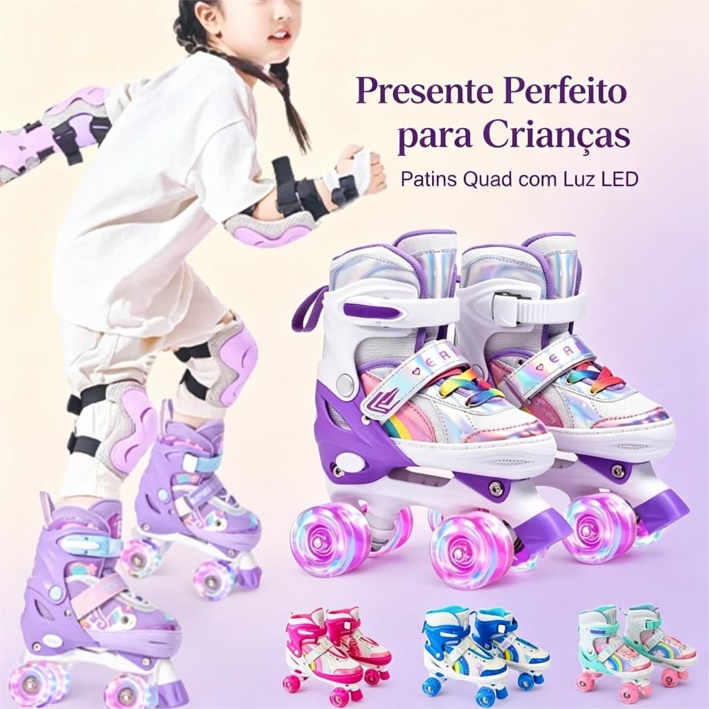 Patins Infantil Quad Ajustável Menina Arco‑Íris 4 Rodas Ótimo Presente Para Iniciantes