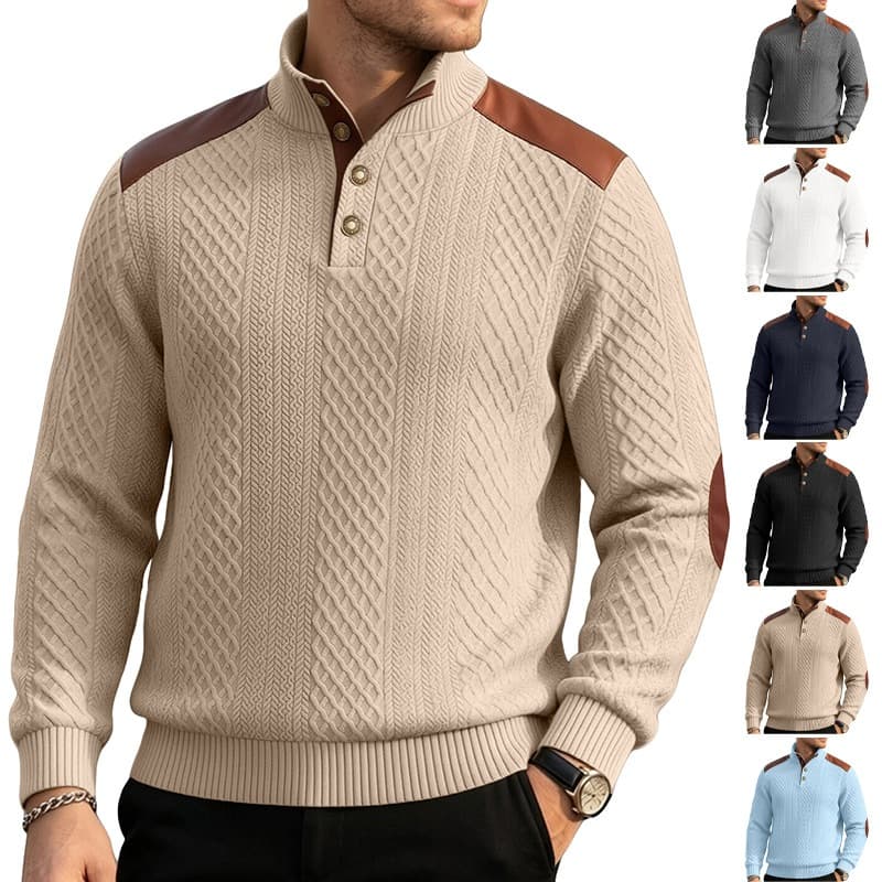 Moletons Henley Masculinos De Malha Com Cabo , Pulôver De Manga Comprida Gola Alta