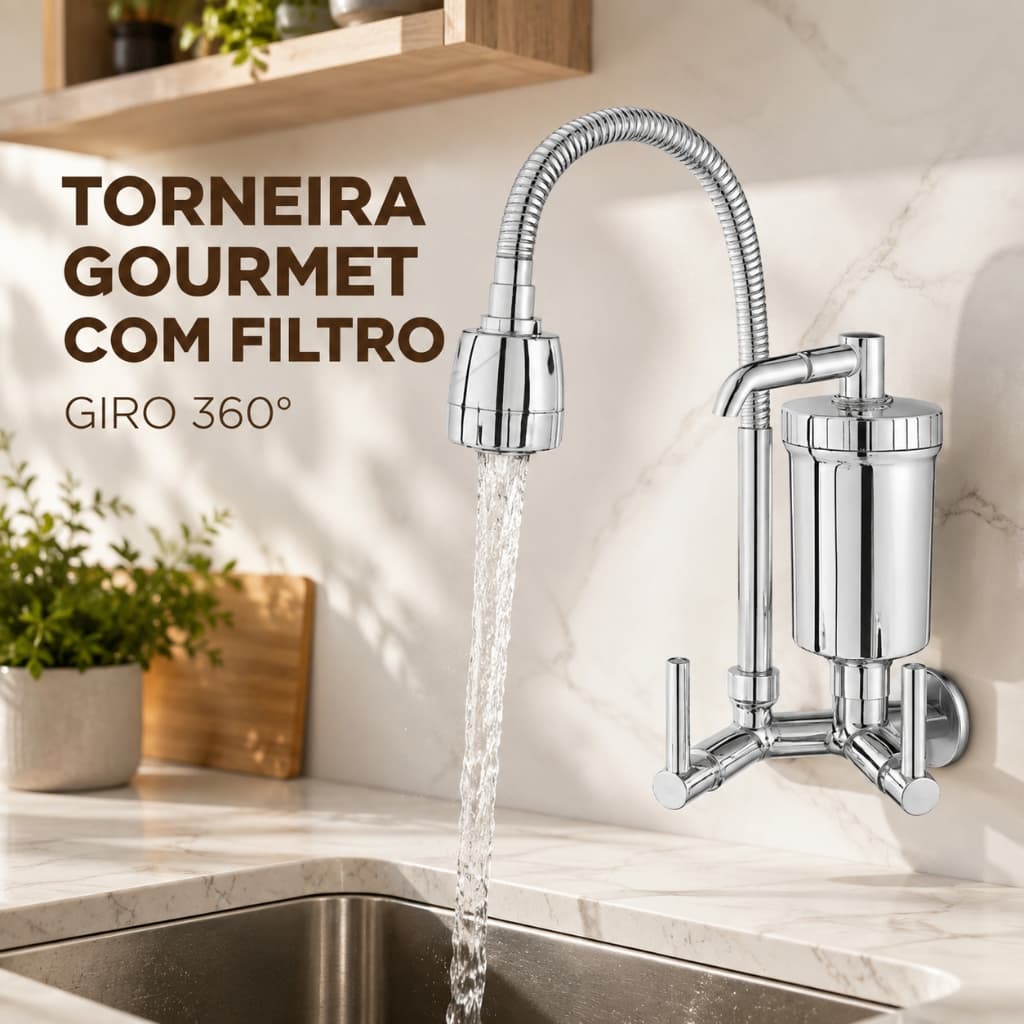 Torneira Gourmet Filtro de Parede Cozinha Flexível Jato Duplo Cromada Luxo 1/4 de volta