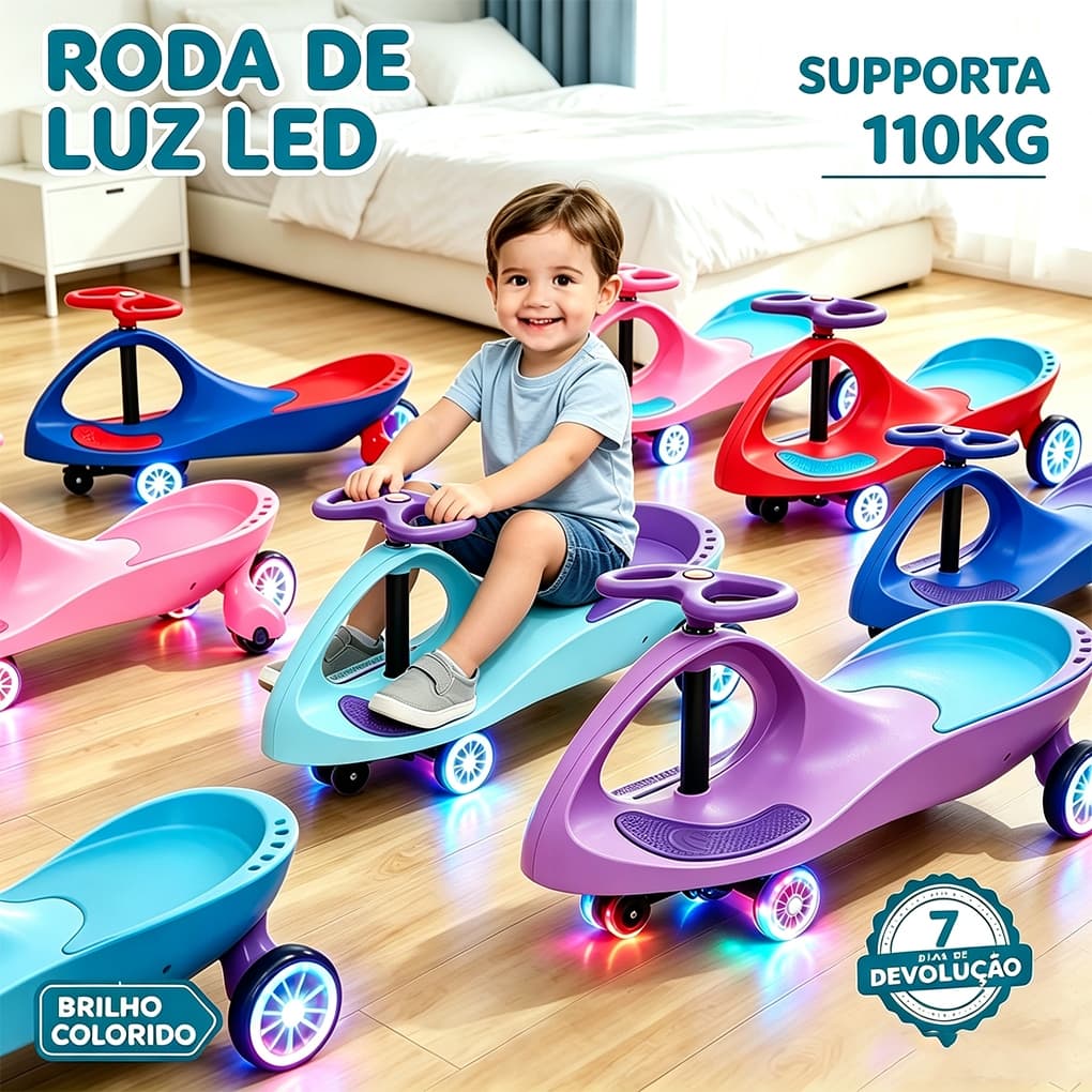 Carrinho de rolimã com Volante Giratório 360° -  Suporte para 110 kg / Presente de Dia das Crianças