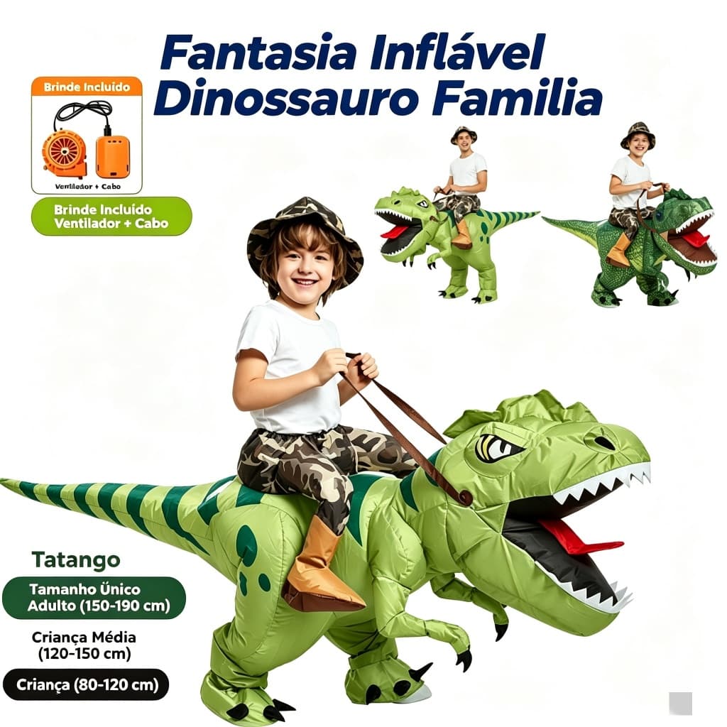 Fantasia Inflável de Tiranossauro para Crianças com Ventilador - Traje Engraçado Halloween e Festas