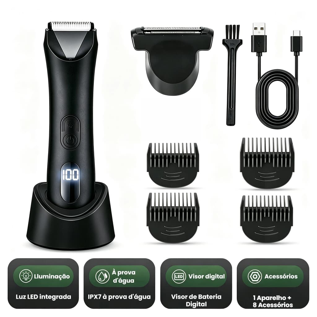 Kit Barbeador Elétrico Masculino Multifuncional Lâmina Cerâmica IPX7 Visor Digital Base Carregamento