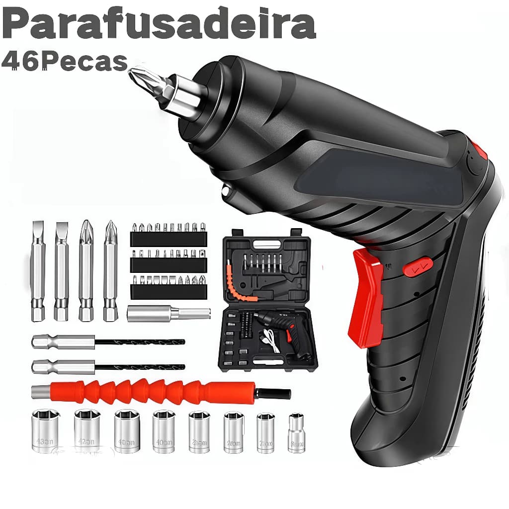 Parafusadeira e Furadeira Sem Fio à Bateria com Kit 48 Peças Carregamento USB Dupla Posição Bivolt