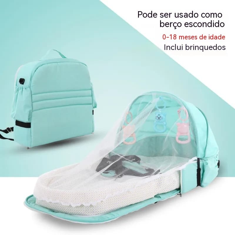 Berço portátil para bebê recém‑nascido com colchão, brinquedo suspenso e mosquiteiro