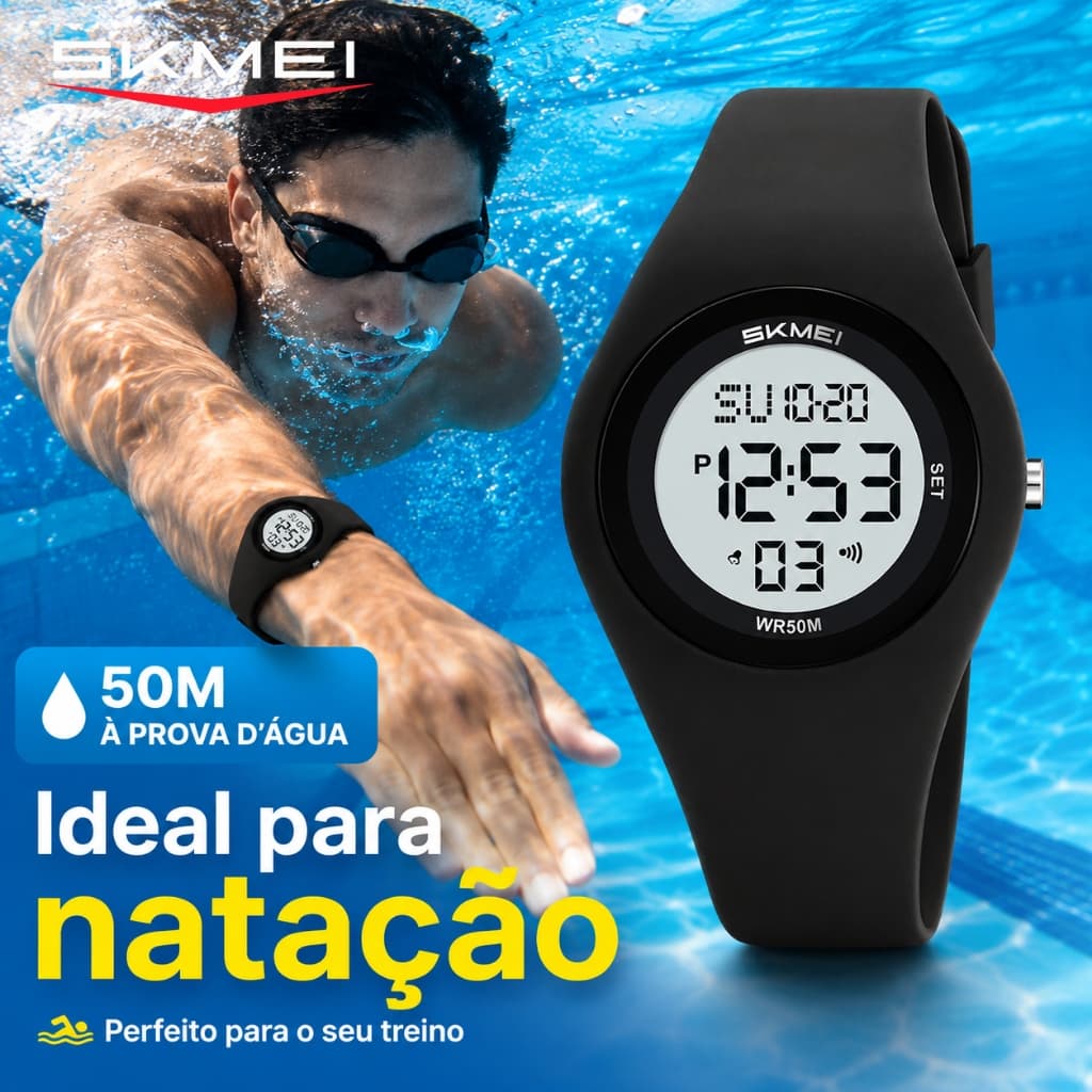 SKMEI Relógio Digital Esportivo Unissex Leve com Pulseira de Silicone Cronômetro e Alarme Colorido