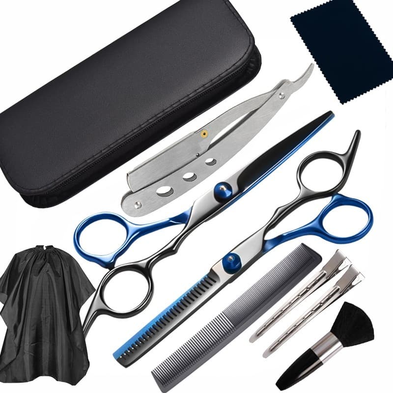 Kit Tesoura Barbeiro Fio Navalha E Desfiadeira + Acessórios Espanador Pente Presilhas em Metal Navalhete e Capa Cabeleir