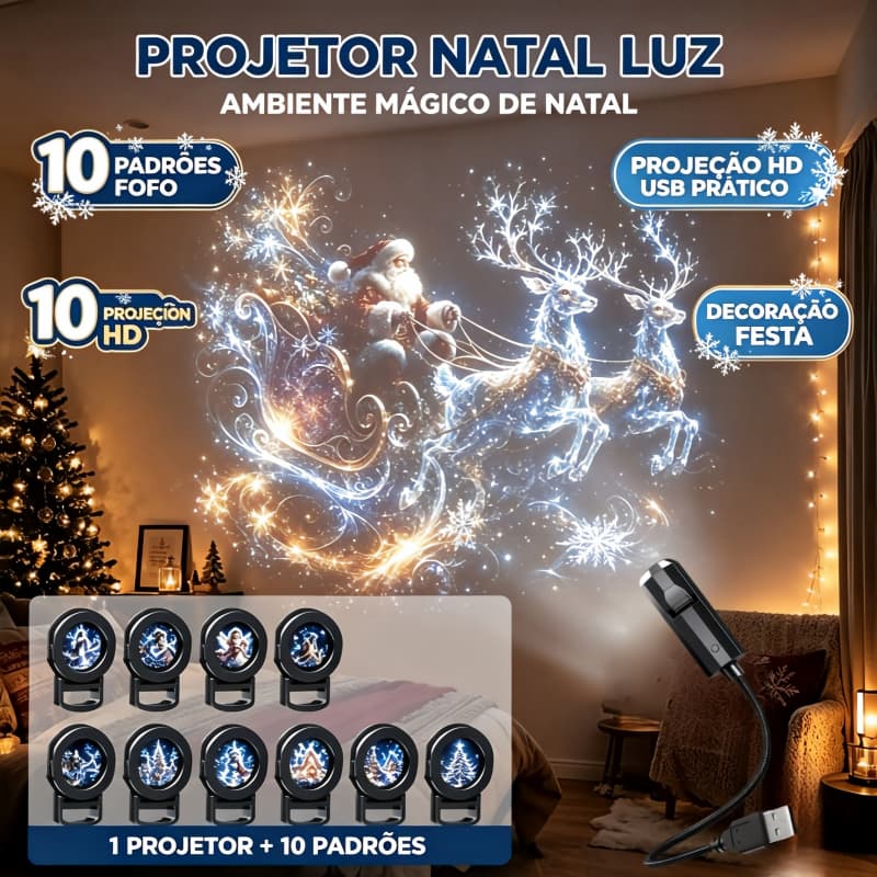Projetor Natalino USB com Padrões Criativos | 360° Rotação HD para Decoração de Quarto e Casa