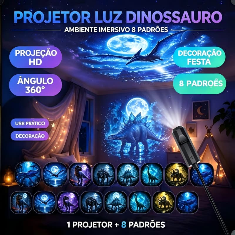 Projetor USB Tema Dinossauro 360° Giratório | Luz Noturna Criativa para Decoração de Quarto e Teto