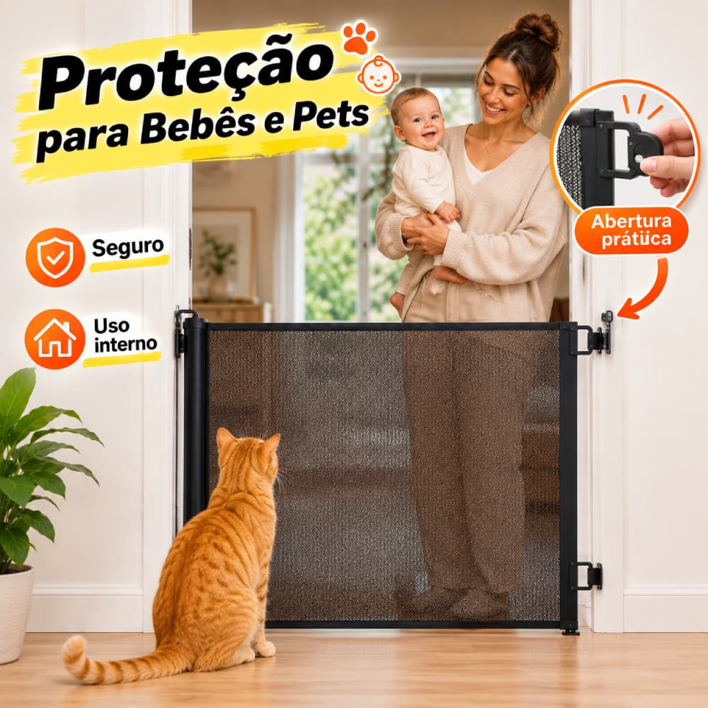 Tela de proteção para Pets Bebês Cercadinho Retrátil Automático Portas Animais Infantil Grade Ajustável