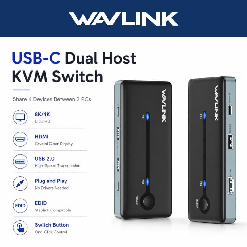WAVLINK USB-C HDMI KVM Switch 8K @ 60Hz/4K 144Hz Divisor Com EDID Adaptativo Para Windows/Mac OS