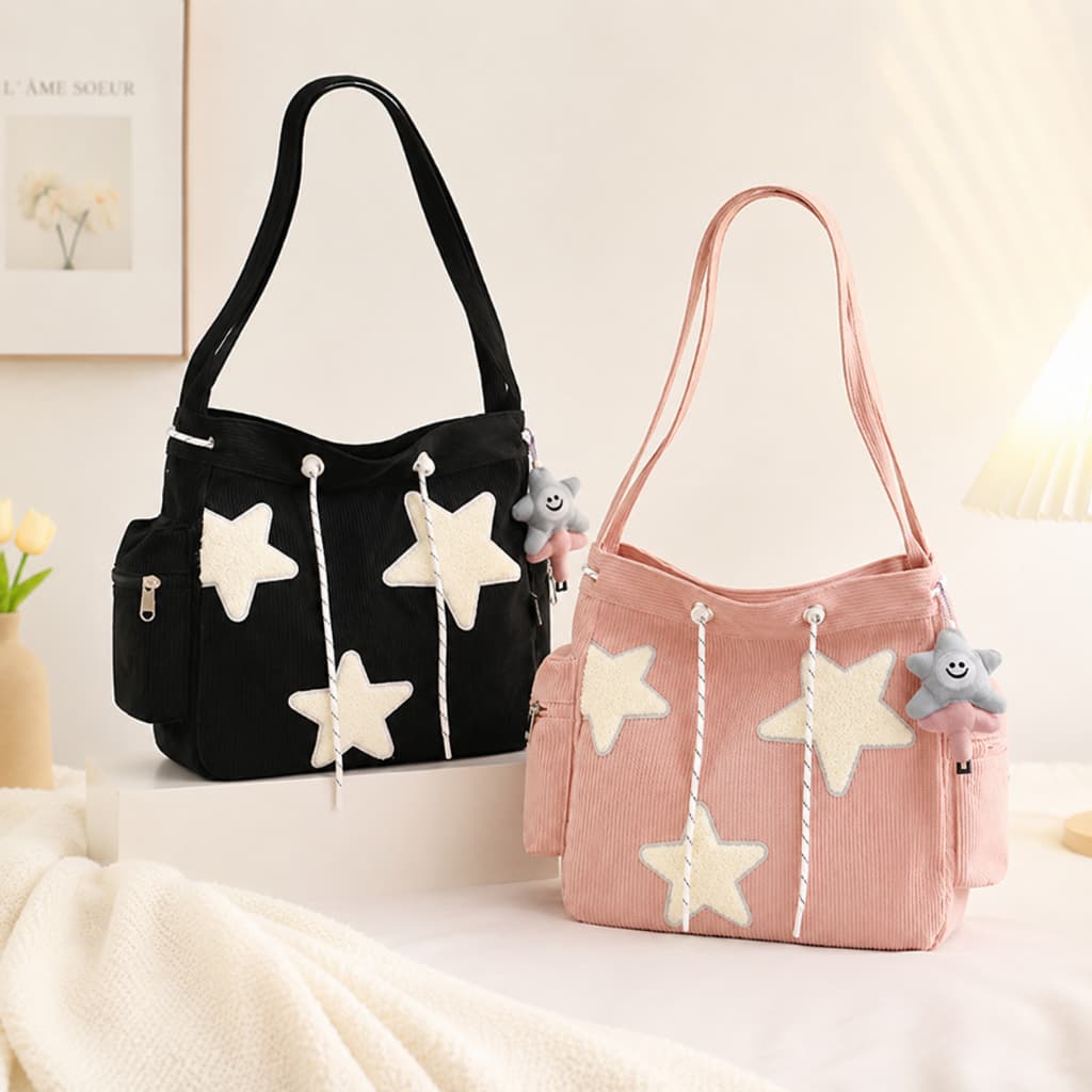 Bolsa Transversal Feminina Grande em Veludo Cotelê, Estampa de Estrela Modelo Casual Fashion, Grande Capacidade