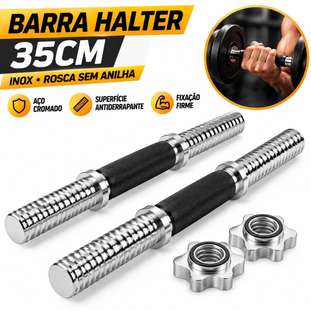 2u Barra Halter 35cm De Inox Com Rosca Sem Anilha Antiderrapante Rosca Direta Maciça Biceps Supino Agachamento Crucifixo
