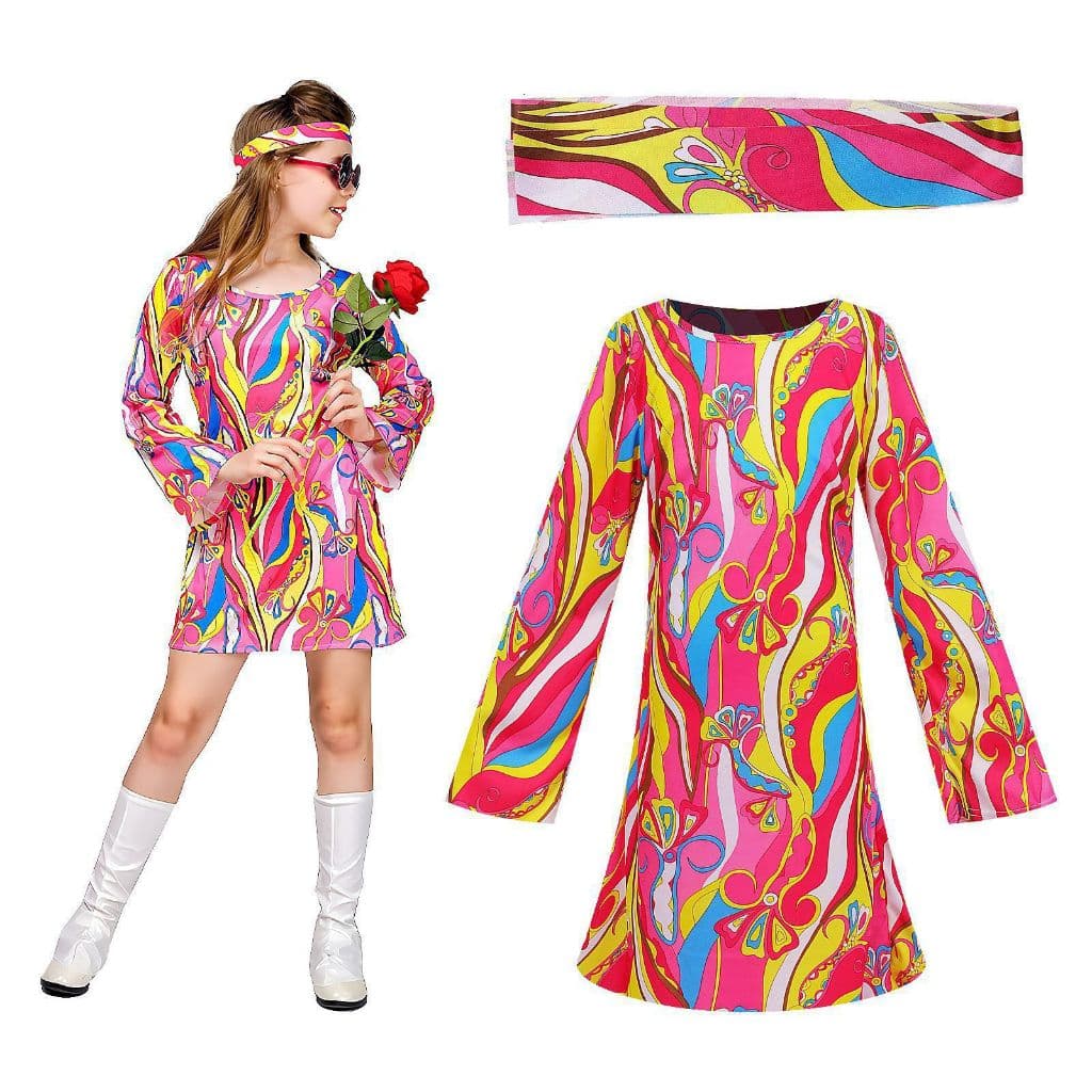 Fantasia Hippie Retrô para Menina Cosplay Festa Discoteca Halloween Carnaval Apresentação de Palco