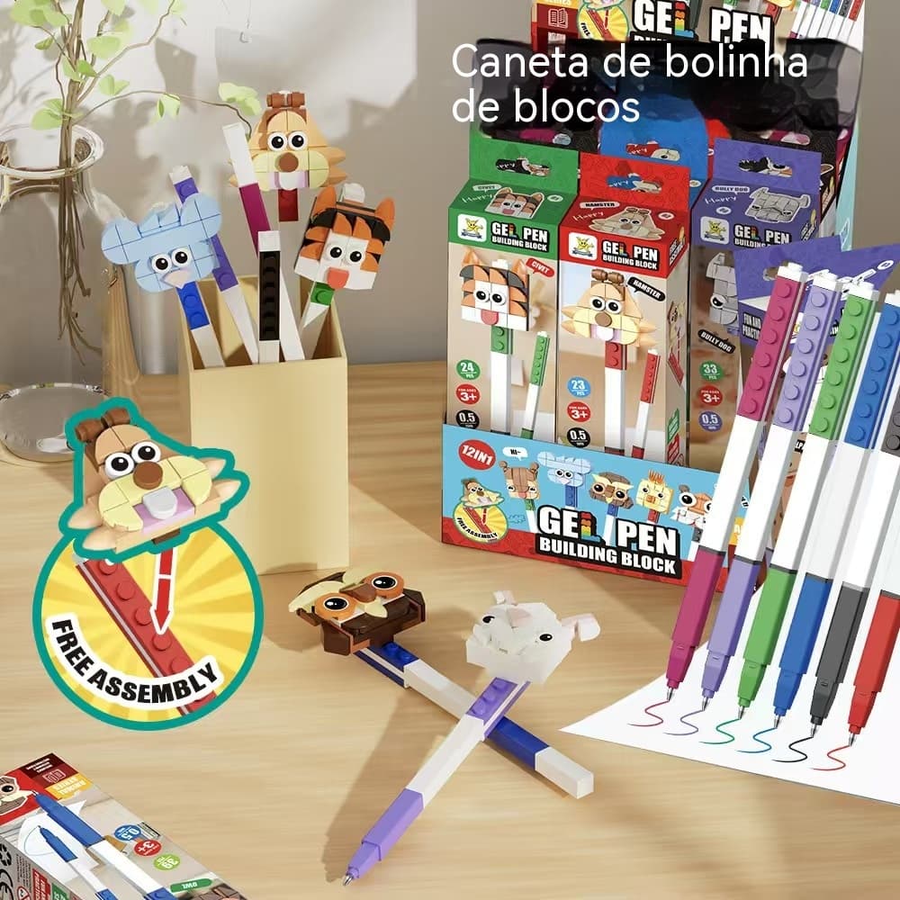 Caneta esferográfica de blocos de montar para crianças, caixa de material escolar para montagem educativa, suprimentos d