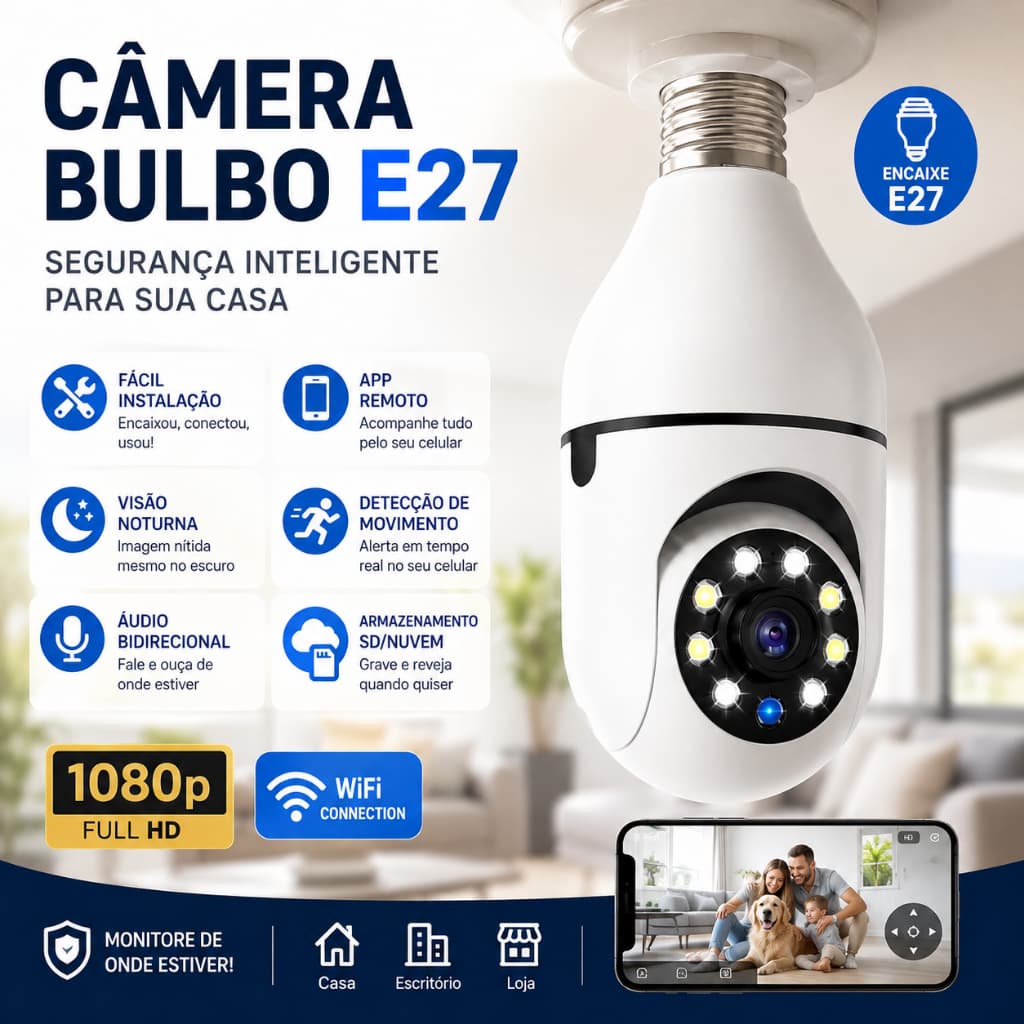 Câmera De Vigilância Wi-Fi Com Soquete E27 1080P 355 ° Detecção Humana Da Visão Noturna Cor Rotação À Prova D'água