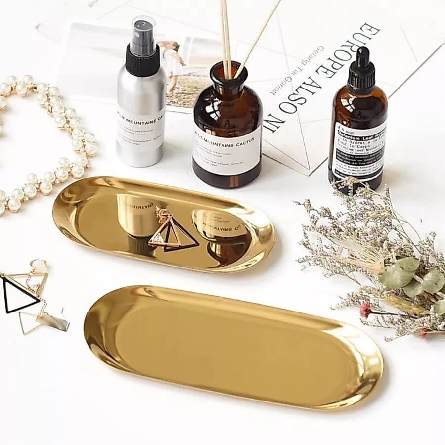 Bandeja Aco Inoxidavel Luxo Decorativa para Jóias Alimentos Dourado
