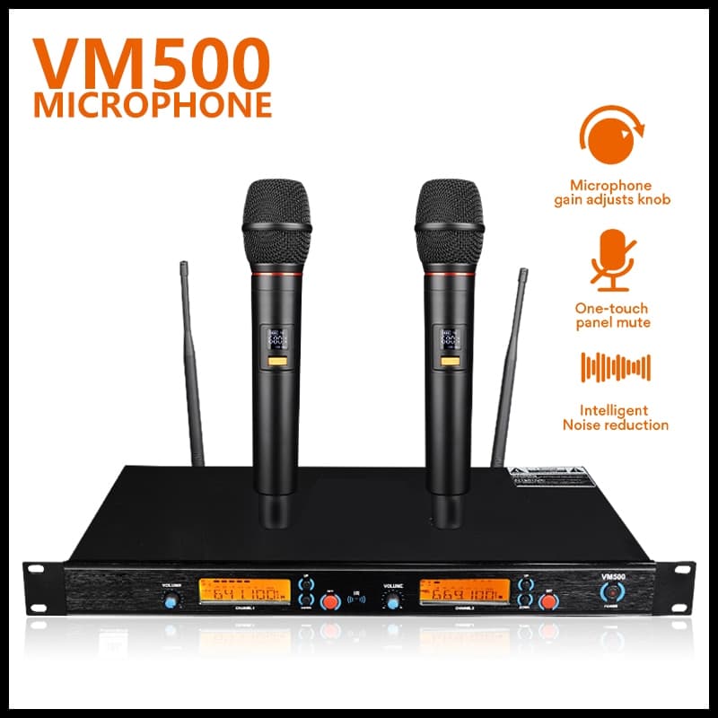 Microfone sem fio VM-500 UHF Dual Channel Microfone sem fio portátil duplo, receptor de suporte, microfone Anti-Roaring