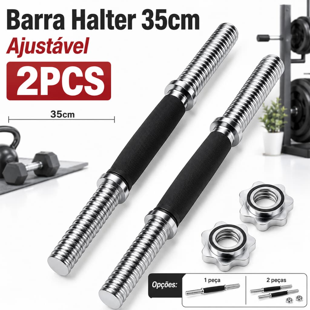 2u Barra Halter 35cm De Inox Com Rosca Sem Anilha Antiderrapante Rosca Direta Maciça Biceps Supino Agachamento Crucifixo