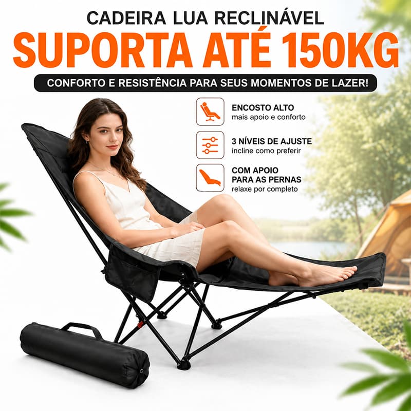 Cadeira Camping Dobrável Reforçada Portátil 150kg com Apoio de Braços, Descanso de Pernas Ajustável e Bolsa