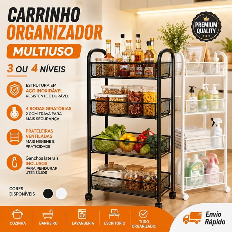 Carrinho Organizador Multiuso Auxiliar em aço com 3/4 Divisórias e com Rodinhas - Banheiro, Cozinha e Lavanderia
