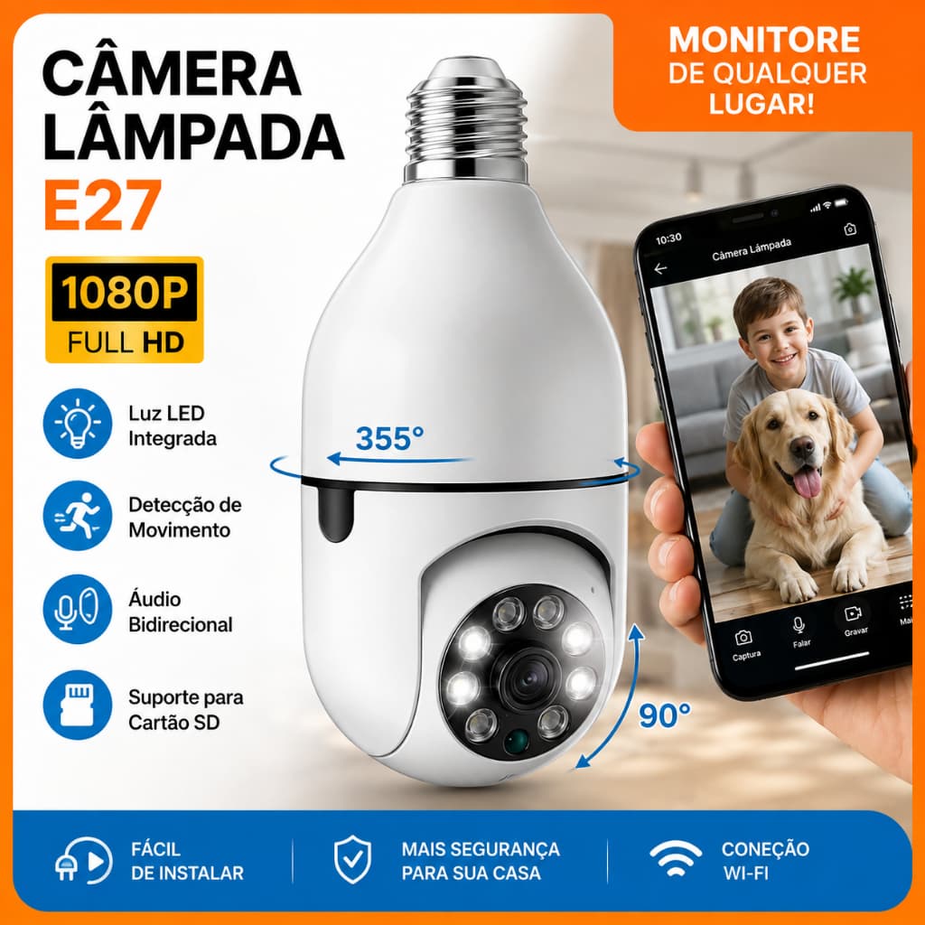 Câmera De Lâmpada Wi-Fi Com Soquete E27 1080P PTZ 355 ° Aplicativo À Prova D'água Para Detecção Humana Visão Noturna Col