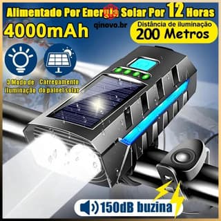 Lanterna Bike Solar Com Buzina E Power Bank 12H Recarregável À Prova D'Água Farol Para Bicicleta