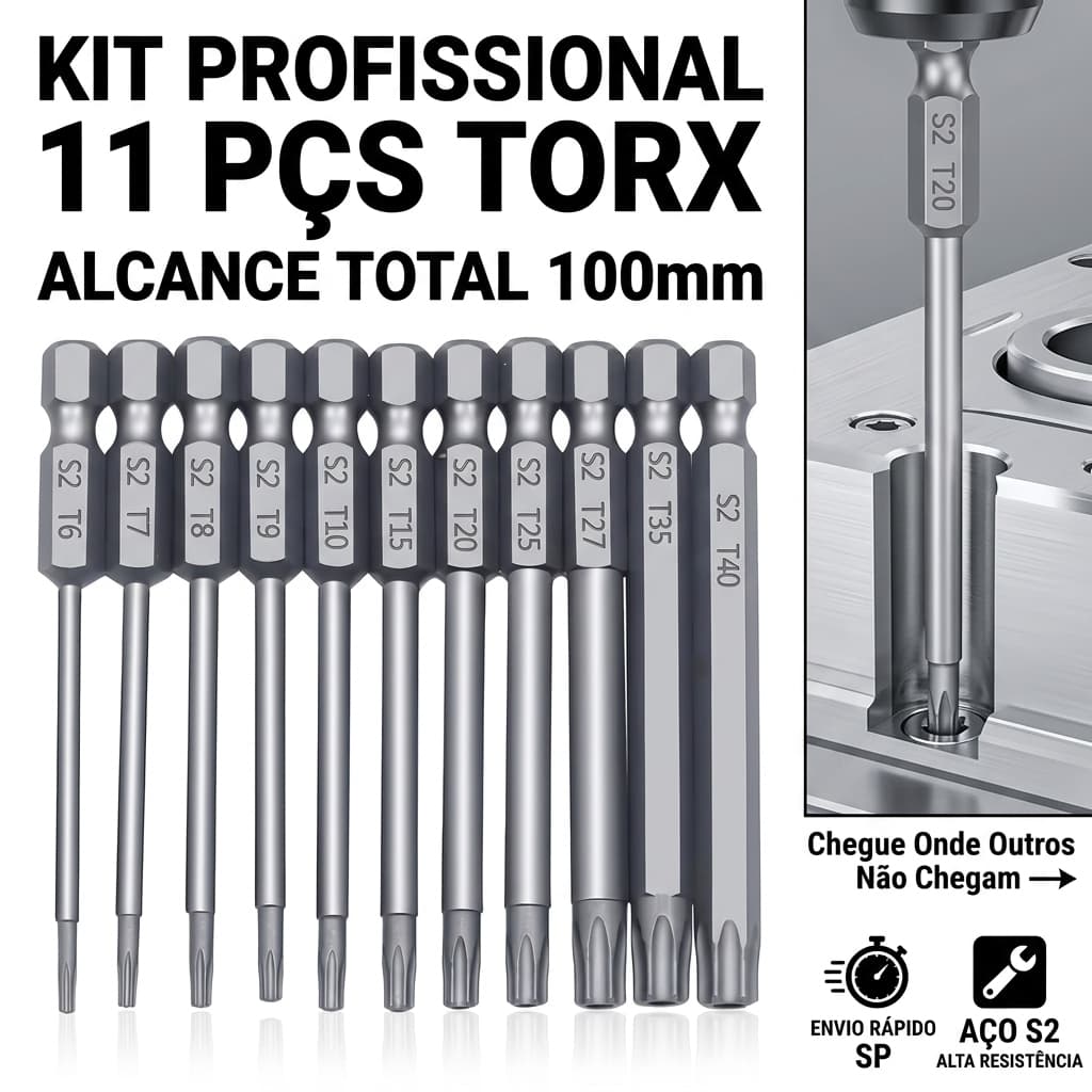 kit 11 chaves bits torx 100mm Compatíveis com parafusadeiras, chaves manuais e elétricas