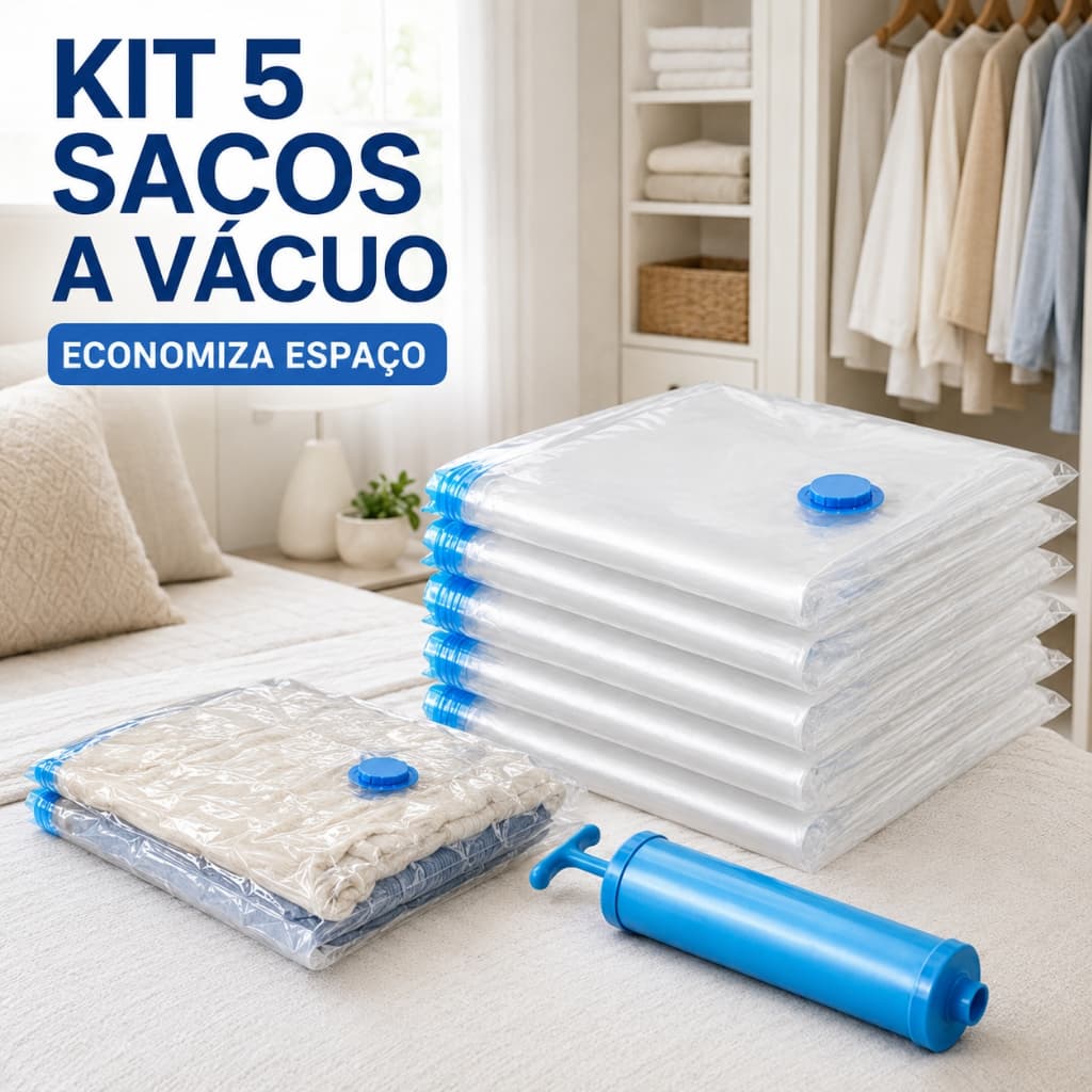 Kit 5 Sacos Organizadores a Vácuo 50x60 + Bomba Manual para Viagem e Roupas, Reutilizável Economiza Espaço